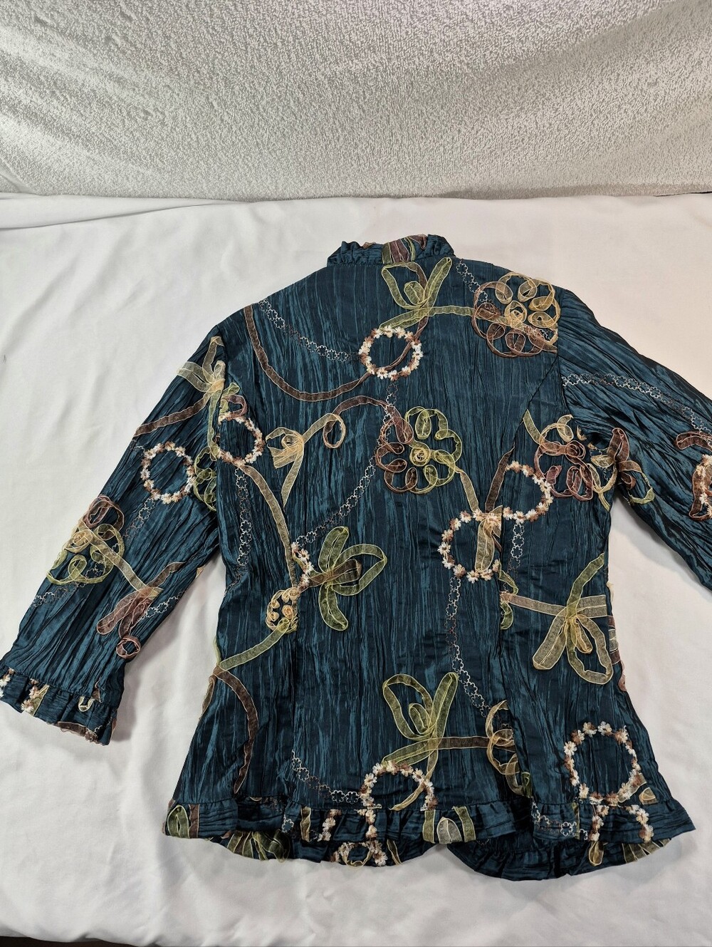 NWOT Agora Whimsy Teal Crinkle Ruffle Ribbon Applique Blouse Jacket S Whimsygoth - Picture 8 of 10